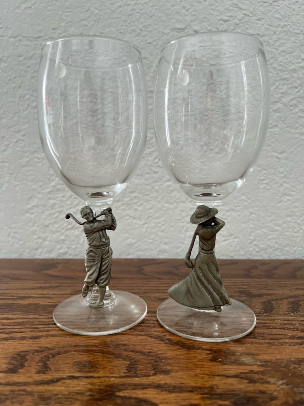 Vintage Set of 2 Fort Pewter Male & Female Golfers Wine Water Glasses Golf Gift